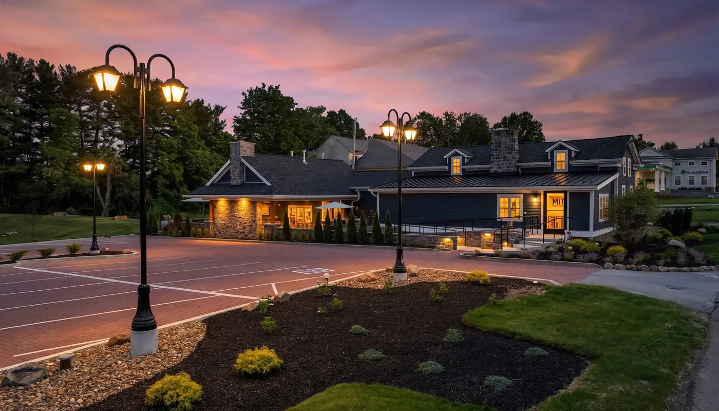 Summit Cigar Co. cigar lounge lit at dusk in Bath, Ohio